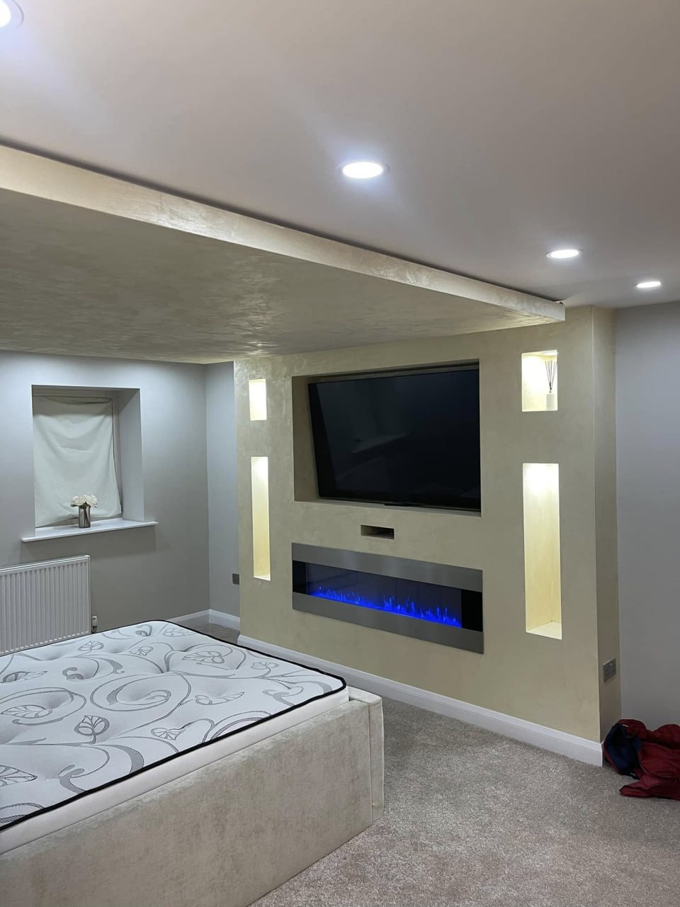 Socket and USB wiring for a bespoke bedroom media wall installed in Sheffield